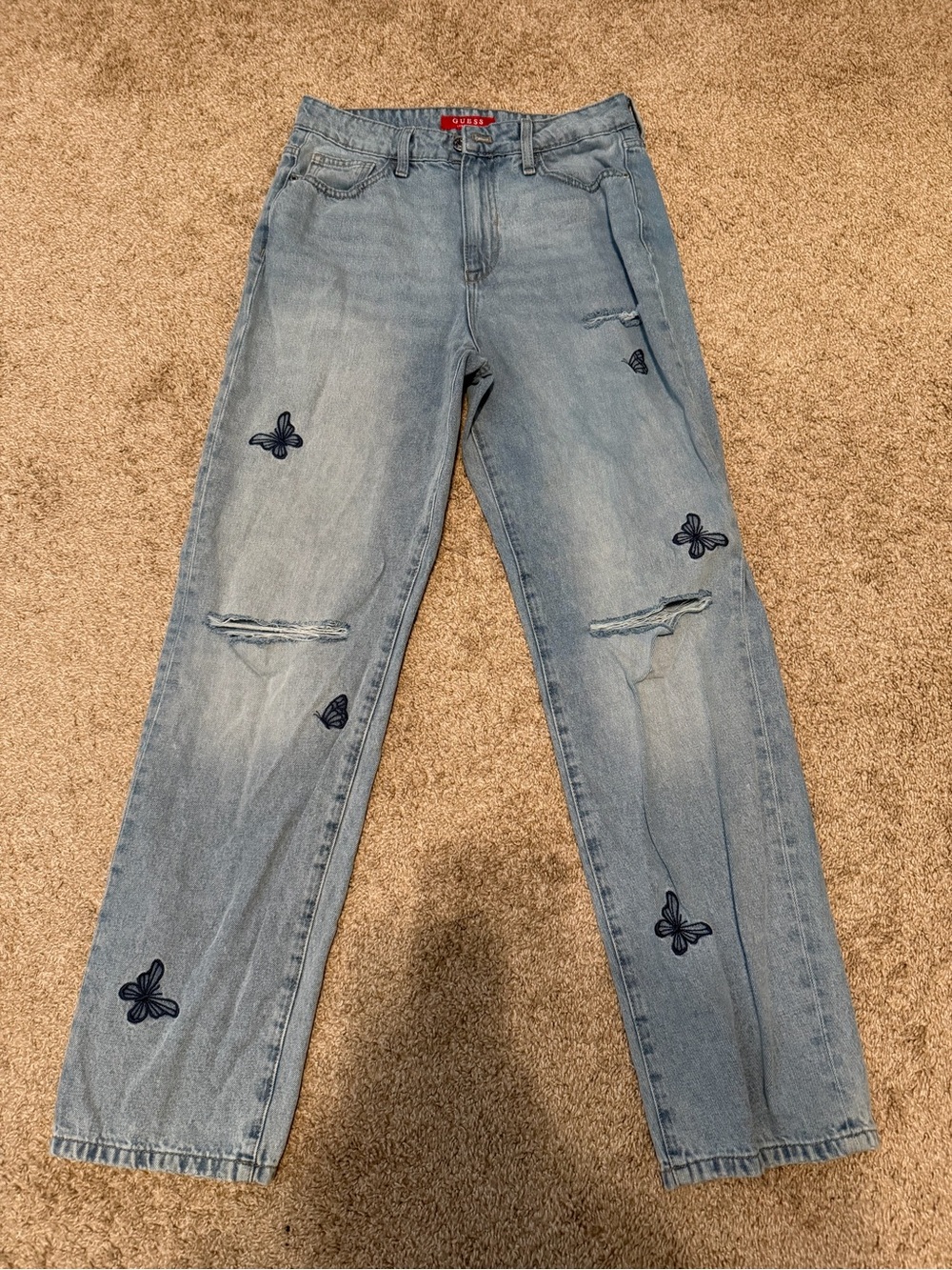 Guess Light Blue Straight Leg Jeans with Navy Butterfly Embroidery